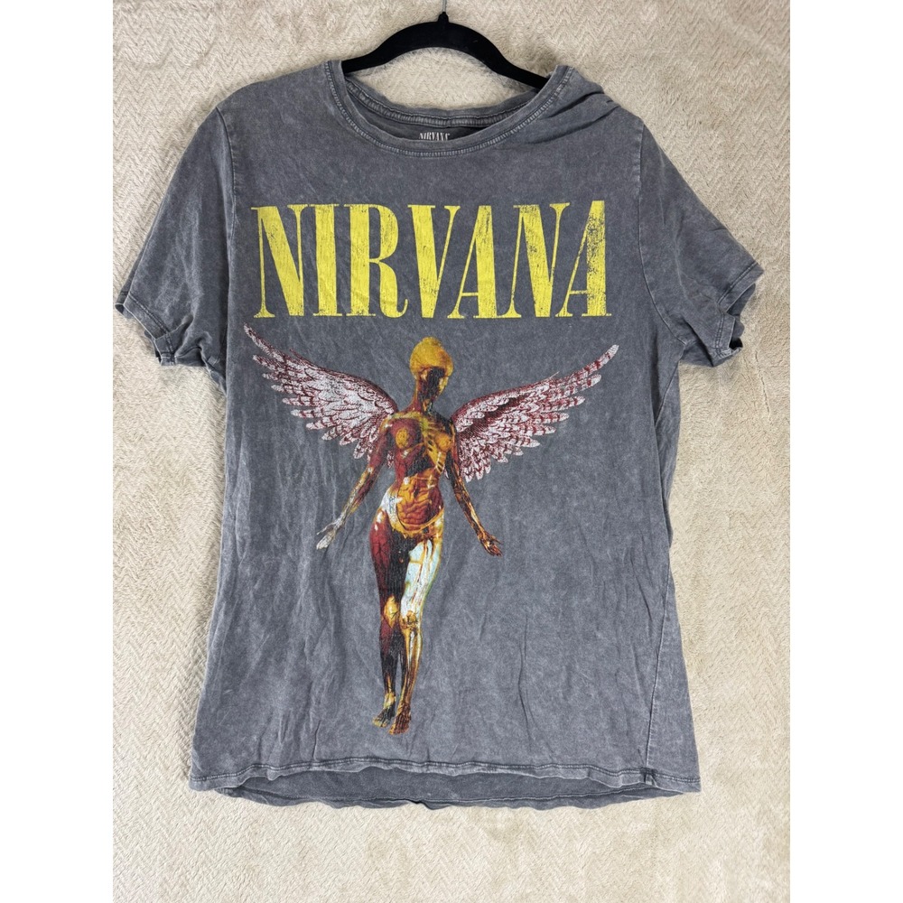 Nirvana In Utero Graphic T-Shirt Gray Mineral Wash Band Tee Mens Medium